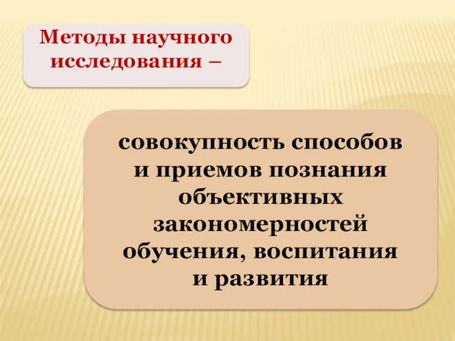 Методы научного исследования – совокупность способов и приемов познания объективных закономерностей обучения, воспитания и развития