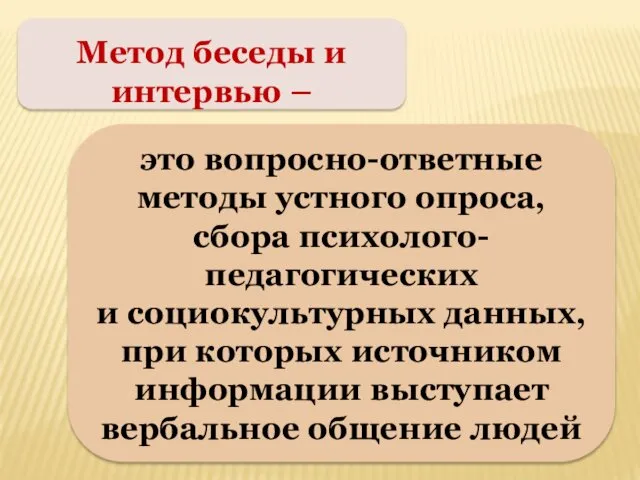 Метод беседы и интервью – это вопросно-ответные методы устного опроса, сбора