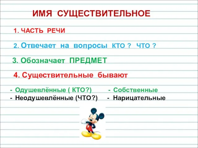 ИМЯ СУЩЕСТВИТЕЛЬНОЕ 1. ЧАСТЬ РЕЧИ 2. Отвечает на вопросы КТО ?