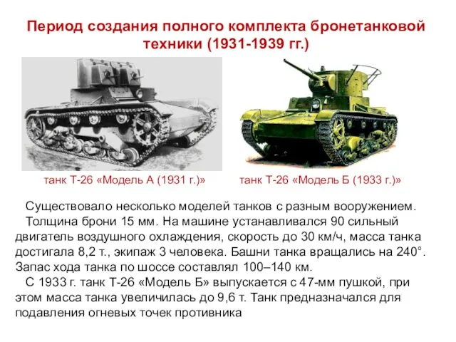 Период создания полного комплекта бронетанковой техники (1931-1939 гг.) Существовало несколько моделей