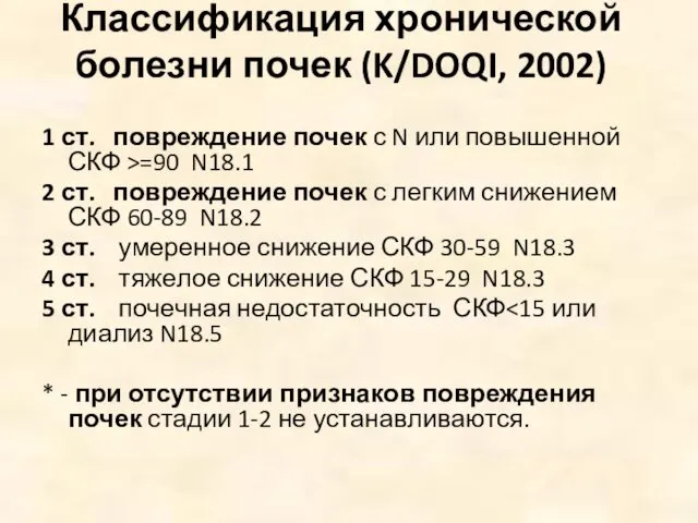 Классификация хронической болезни почек (K/DOQI, 2002) 1 ст. повреждение почек с