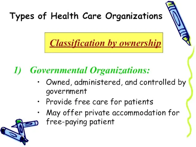 Types of Health Care Organizations Classification by ownership Governmental Organizations: Owned,