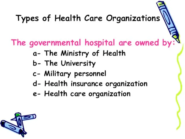 Types of Health Care Organizations The governmental hospital are owned by: