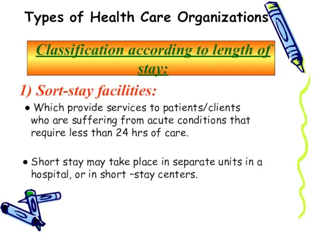 Types of Health Care Organizations Classification according to length of stay: