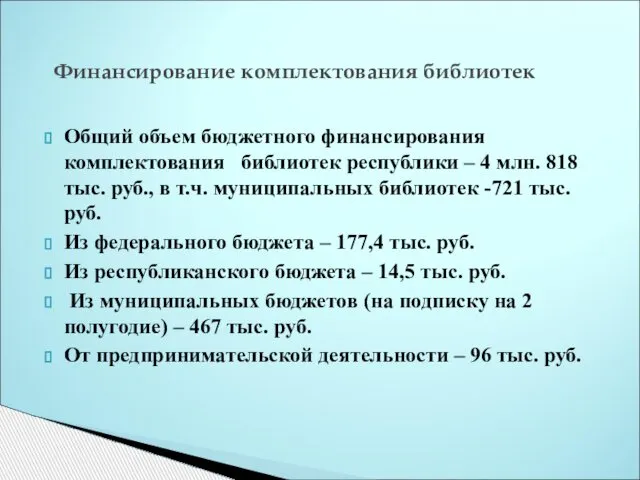 Общий объем бюджетного финансирования комплектования библиотек республики – 4 млн. 818