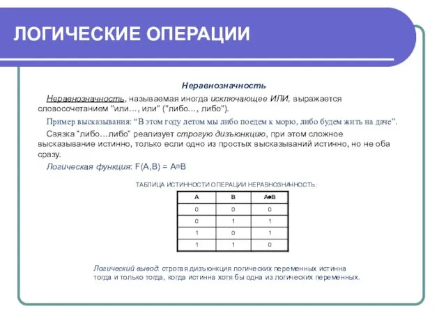 ЛОГИЧЕСКИЕ ОПЕРАЦИИ Неравнозначность Неравнозначность, называемая иногда исключающее ИЛИ, выражается словосочетанием "или…,