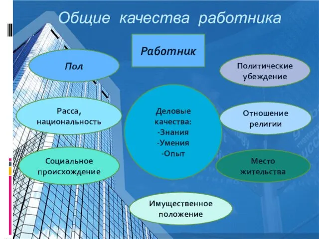 Общие качества работника Работник Пол Расса, национальность Социальное происхождение Деловые качества: