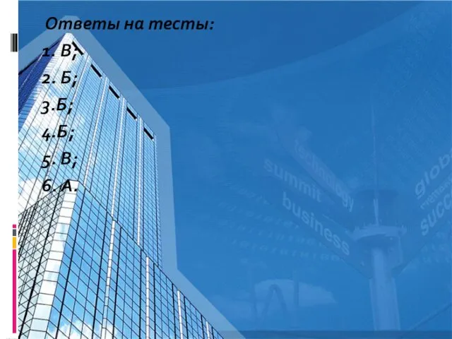 Ответы на тесты: 1. В; 2. Б; 3.Б; 4.Б; 5. В; 6. А.