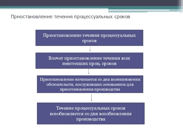 Приостановление течения процессуальных сроков Приостановление течения процессуальных сроков Влечет приостановление течения