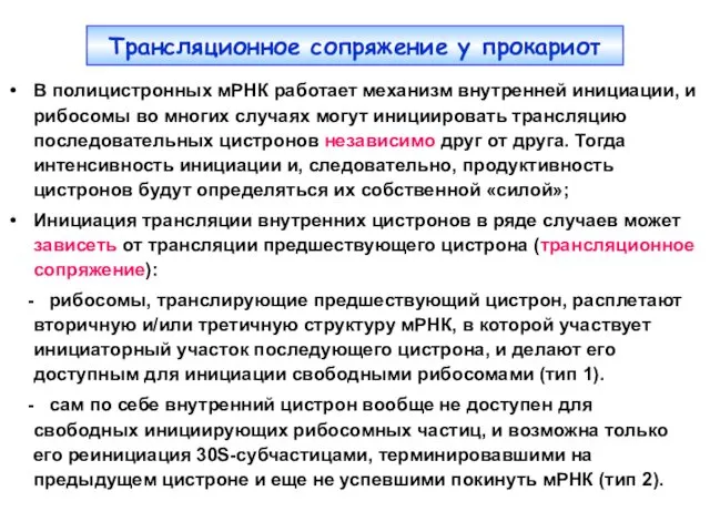 Трансляционное сопряжение у прокариот В полицистронных мРНК работает механизм внутренней инициации,