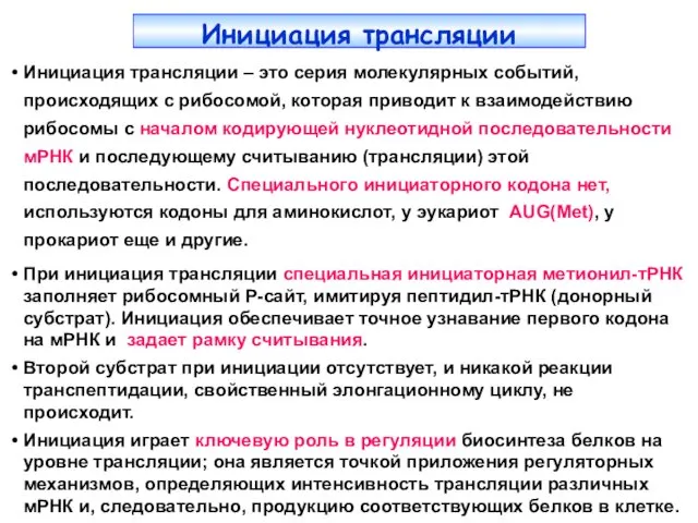 Инициация трансляции – это серия молекулярных событий, происходящих с рибосомой, которая