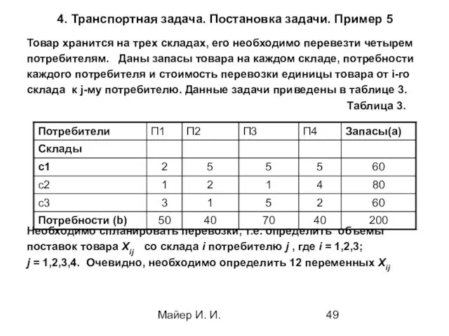 Майер И. И. 4. Транспортная задача. Постановка задачи. Пример 5 Товар