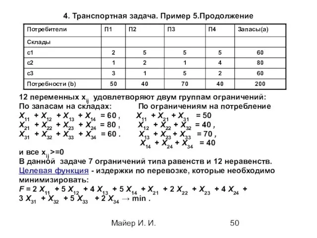 Майер И. И. 4. Транспортная задача. Пример 5.Продолжение 12 переменных xij