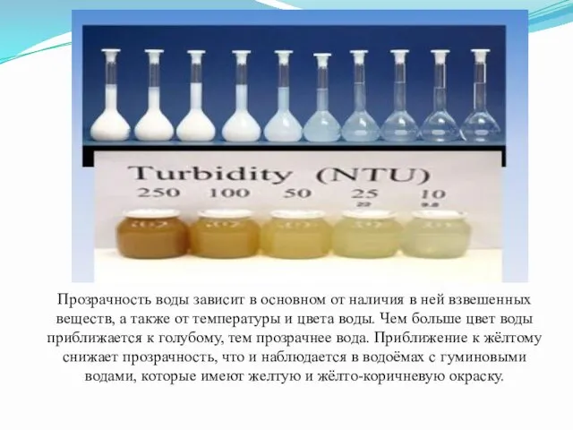 Прозрачность воды зависит в основном от наличия в ней взвешенных веществ,