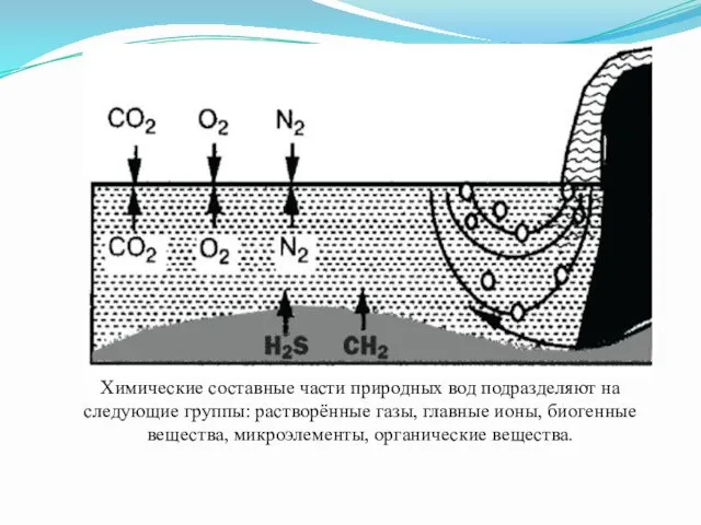 Химические составные части природных вод подразделяют на следующие группы: растворённые газы,