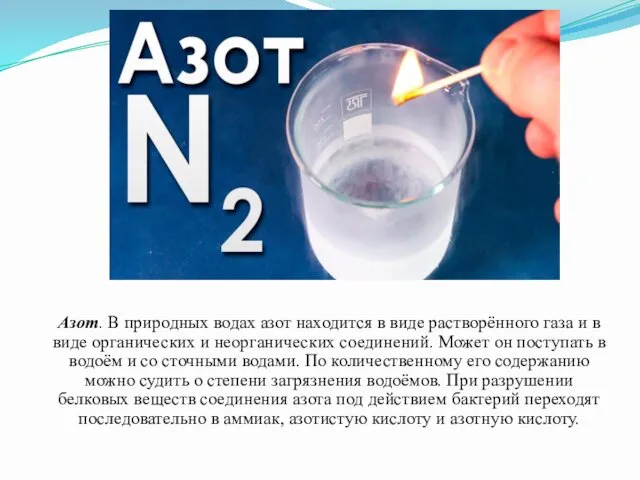 Азот. В природных водах азот находится в виде растворённого газа и