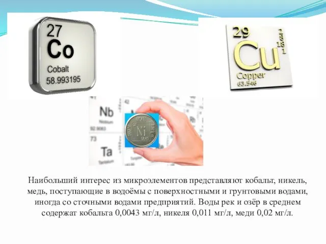 Наибольший интерес из микроэлементов представляют кобальт, никель, медь, поступающие в водоёмы