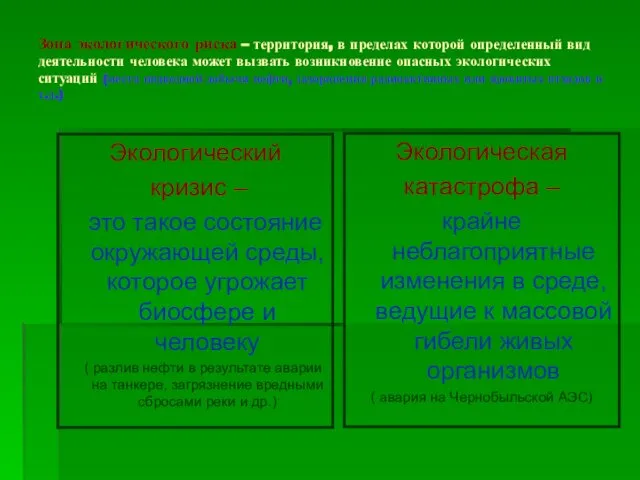 Зона экологического риска – территория, в пределах которой определенный вид деятельности