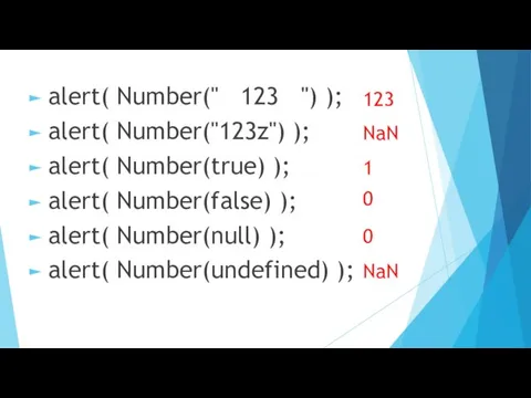 alert( Number(" 123 ") ); alert( Number("123z") ); alert( Number(true) );
