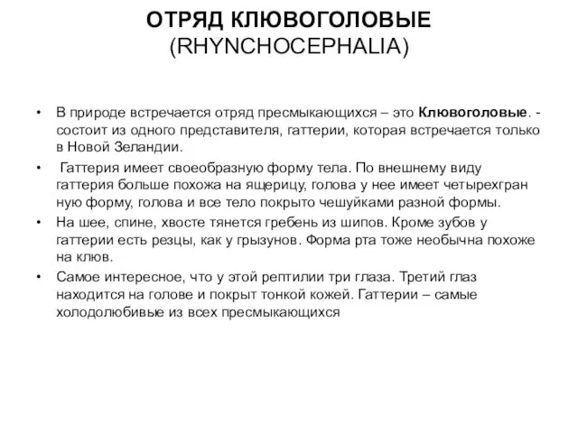 ОТРЯД КЛЮВОГОЛОВЫЕ (RHYNCHOCEPHALIA) В природе встречается отряд пресмыкающихся – это Клювоголовые.