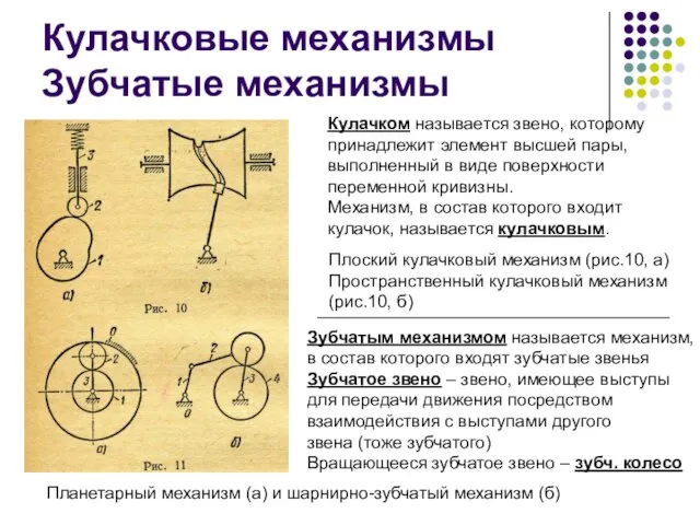 Кулачковые механизмы Зубчатые механизмы Кулачком называется звено, которому принадлежит элемент высшей