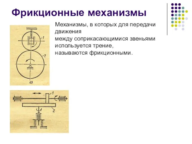 Фрикционные механизмы Механизмы, в которых для передачи движения между соприкасающимися звеньями используется трение, называются фрикционными.