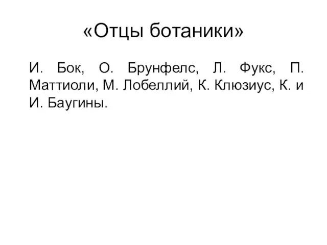 «Отцы ботаники» И. Бок, О. Брунфелс, Л. Фукс, П. Маттиоли, М.