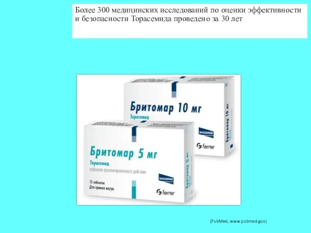 Более 300 медицинских исследований по оценки эффективности и безопасности Торасемида проведено за 30 лет (PubMed, www.pubmed.gov)