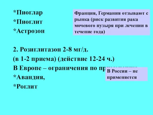 *Пиоглар *Пиоглит *Астрозон 2. Розиглитазон 2-8 мг/д. (в 1-2 приема) (действие