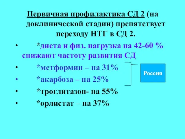 Первичная профилактика СД 2 (на доклинической стадии) препятствует переходу НТГ в