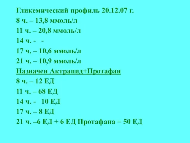 Гликемический профиль 20.12.07 г. 8 ч. – 13,8 ммоль/л 11 ч.