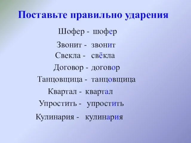 Поставьте правильно ударения Шофер - шофер Звонит - звонит Свекла -