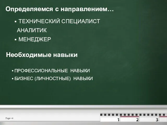 Определяемся с направлением… ТЕХНИЧЕСКИЙ СПЕЦИАЛИСТ АНАЛИТИК МЕНЕДЖЕР Необходимые навыки ПРОФЕССИОНАЛЬНЫЕ НАВЫКИ БИЗНЕС (ЛИЧНОСТНЫЕ) НАВЫКИ