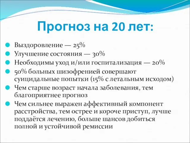 Прогноз на 20 лет: Выздоровление — 25% Улучшение состояния — 30%