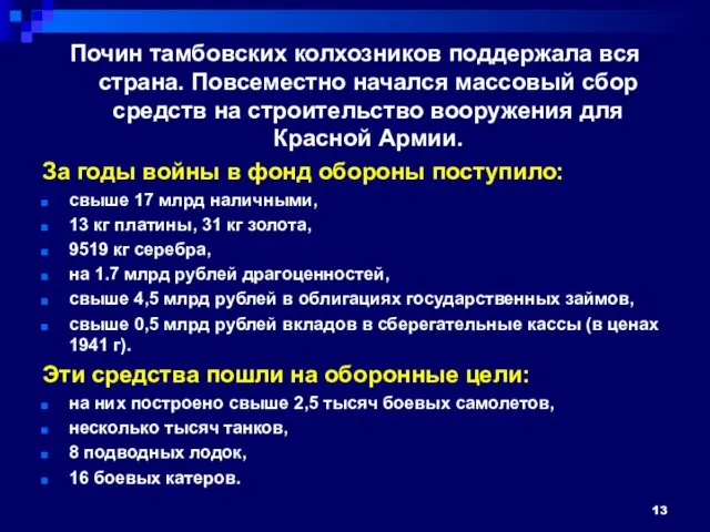 Почин тамбовских колхозников поддержала вся страна. Повсеместно начался массовый сбор средств