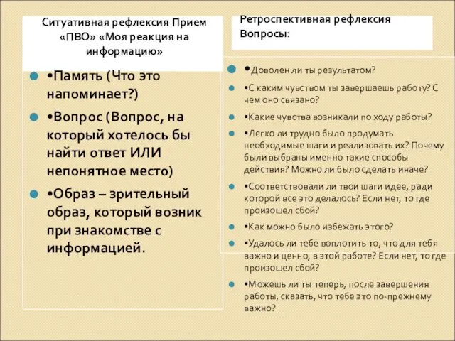 Ситуативная рефлексия Прием «ПВО» «Моя реакция на информацию» Ретроспективная рефлексия Вопросы: