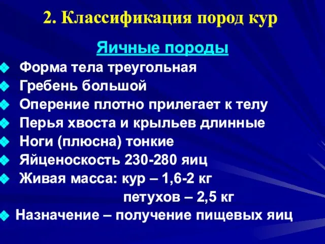 2. Классификация пород кур Яичные породы Форма тела треугольная Гребень большой