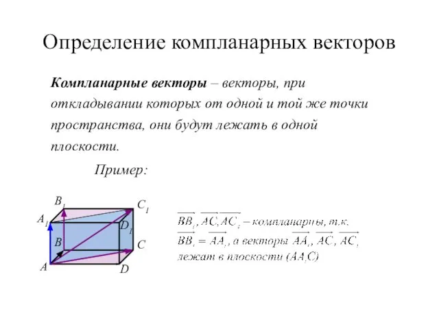 Определение компланарных векторов Компланарные векторы – векторы, при откладывании которых от