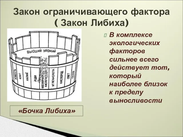 В комплексе экологических факторов сильнее всего действует тот, который наиболее близок