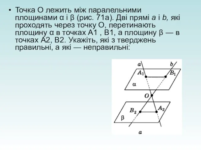 Точка О лежить між паралельни­ми площинами α і β (рис. 71а).