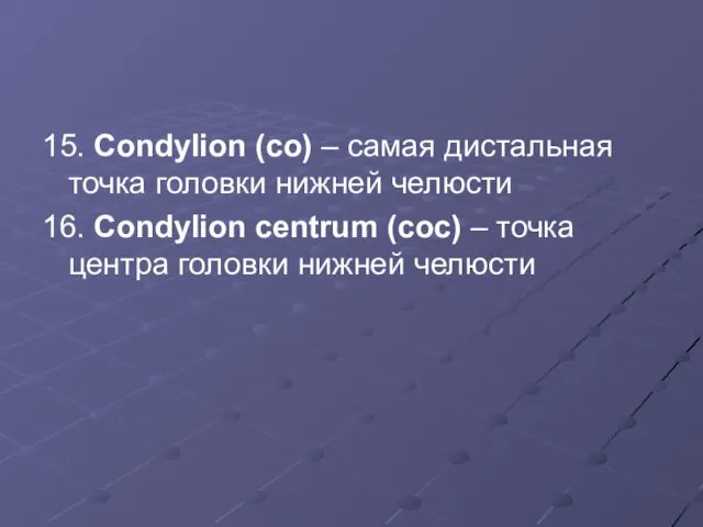 15. Condylion (co) – самая дистальная точка головки нижней челюсти 16.