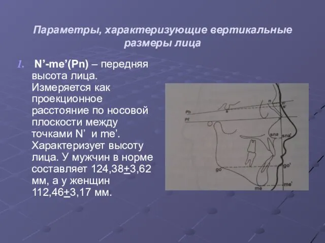 Параметры, характеризующие вертикальные размеры лица N’-me’(Pn) – передняя высота лица. Измеряется