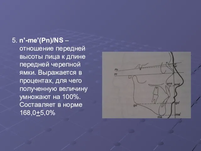 5. n’-me’(Pn)/NS – отношение передней высоты лица к длине передней черепной