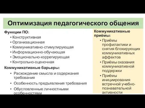 Оптимизация педагогического общения Функции ПО: Конструктивная Организационная Коммуникативно-стимулирующая Информационно-обучающая Эмоционально-коррегирующая Контрольно-оценочная