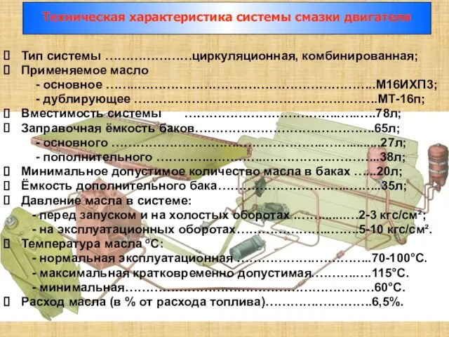 Тип системы …………………циркуляционная, комбинированная; Применяемое масло - основное ……..……………………..…………………………..М16ИХП3; - дублирующее