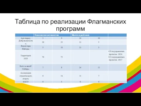 Таблица по реализации Флагманских программ