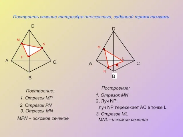 P N Построить сечение тетраэдра плоскостью, заданной тремя точками. Построение: А