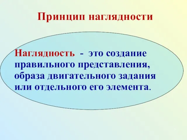 Принцип наглядности Наглядность - это создание правильного представления, образа двигательного задания или отдельного его элемента.