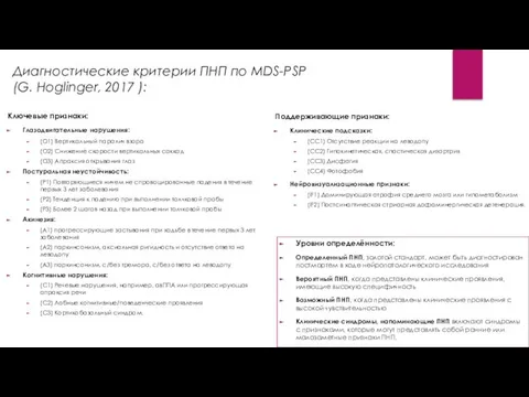 Диагностические критерии ПНП по MDS-PSP (G. Hoglinger, 2017 ): Поддерживающие признаки: