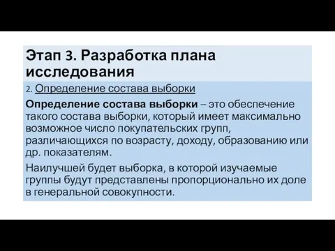 Этап 3. Разработка плана исследования 2. Определение состава выборки Определение состава